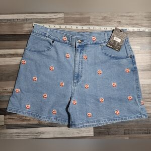CAKEWORTHY  Disney poison apple embroidered denim shorts.